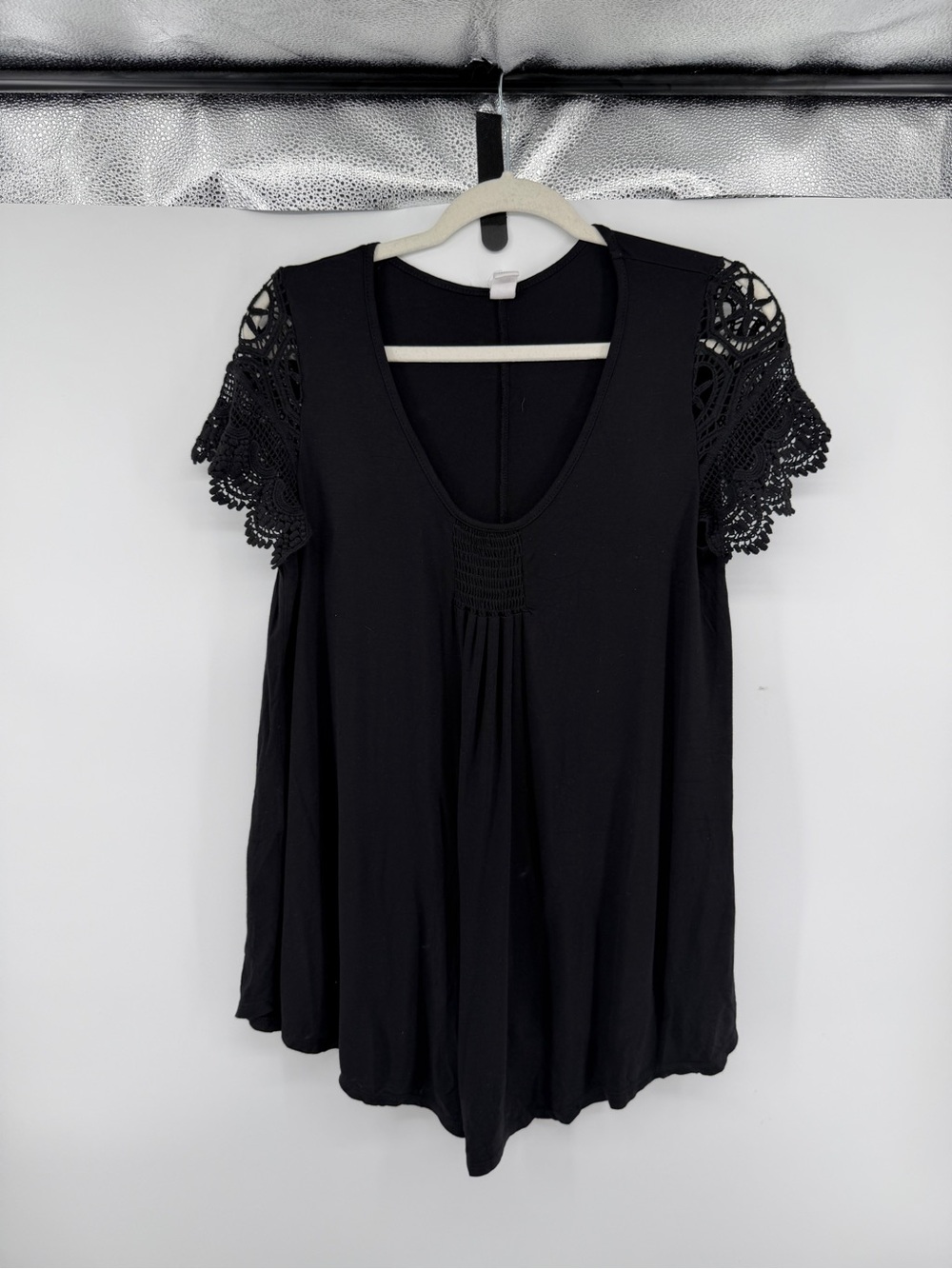 Whimsigoth Coqette Cottagecore Boho Witchy Black Crochet Lace-Sleeve Top SzM